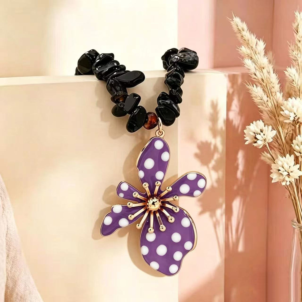 Boho Black Polka Dot Flower Necklace