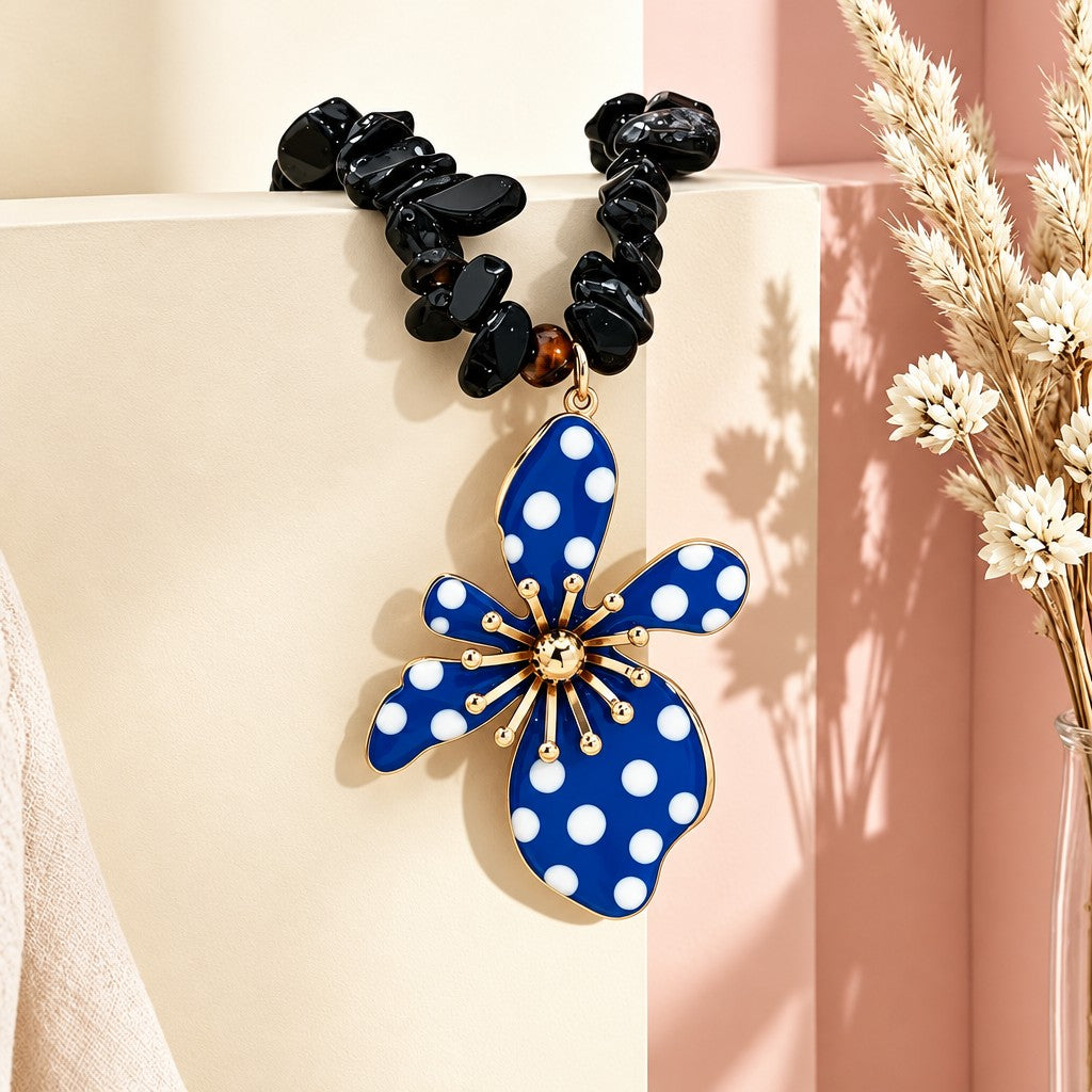 Boho Black Polka Dot Flower Necklace