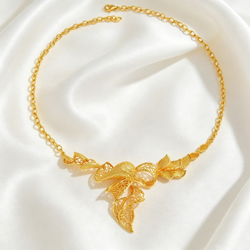 Elegant Filigree Leaf Necklace and Earrings Set