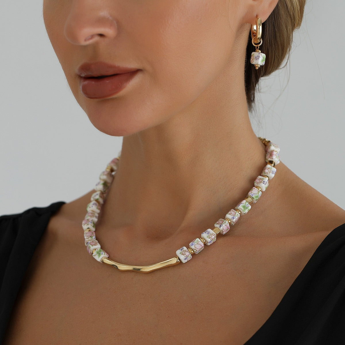 Romantic Floral Ceramic Square Bead Necklace, Earring Set