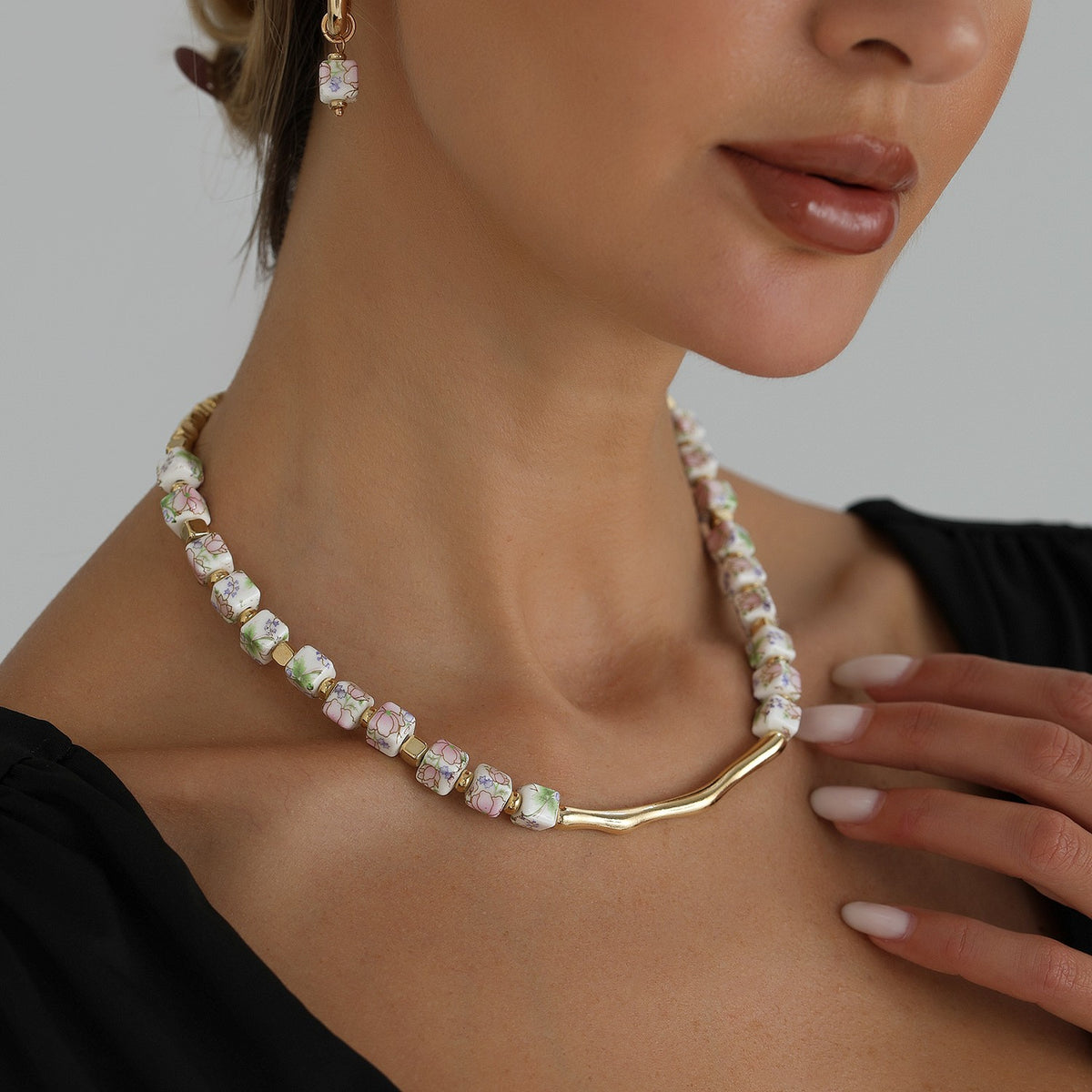 Romantic Floral Ceramic Square Bead Necklace, Earring Set