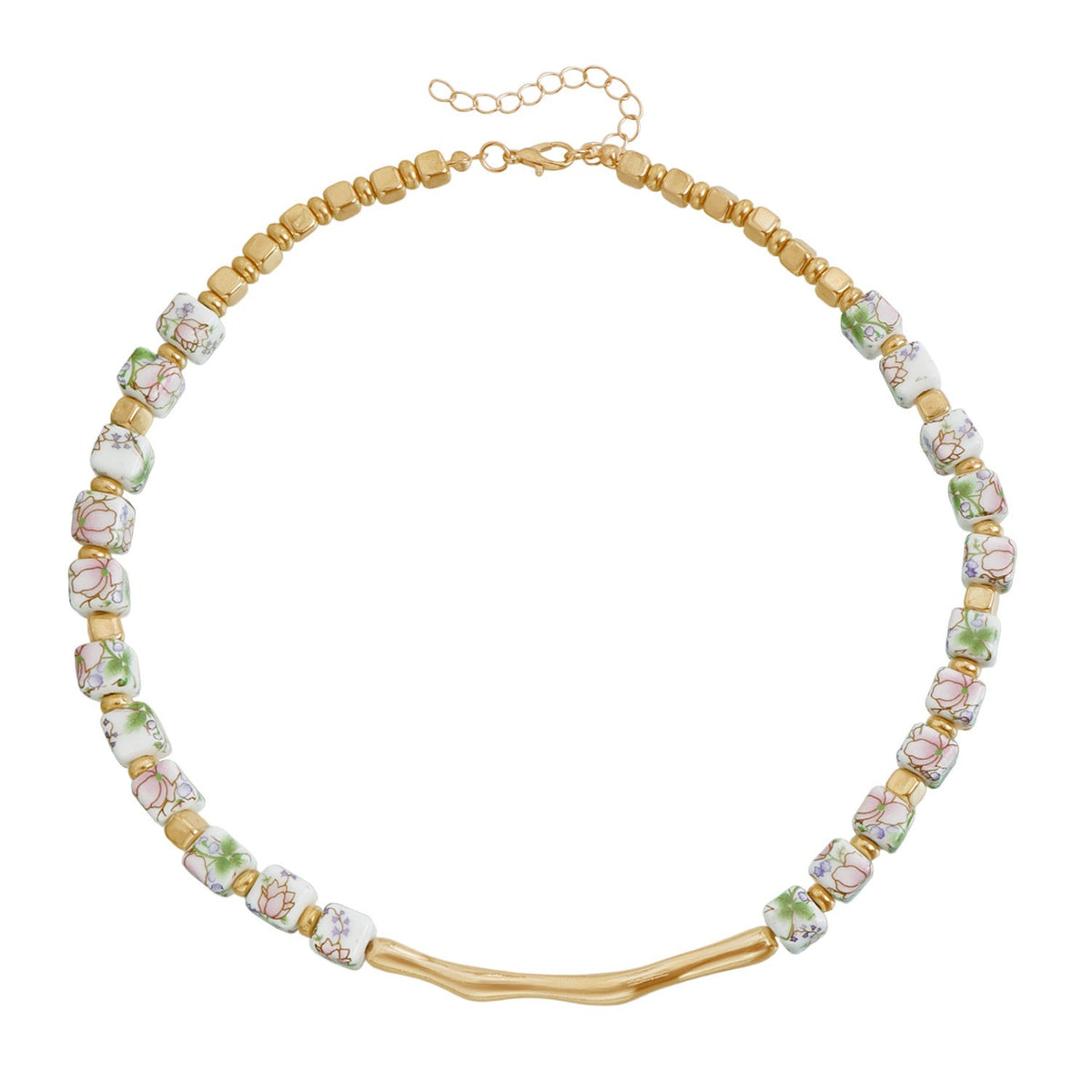 Romantic Floral Ceramic Square Bead Necklace, Earring Set
