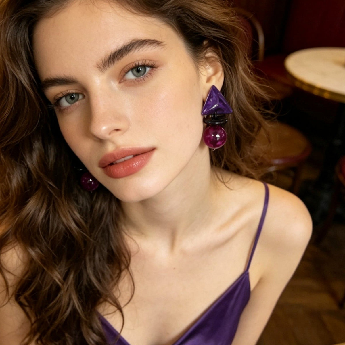 S925 Vintage Purple Pyramid Ball Earrings