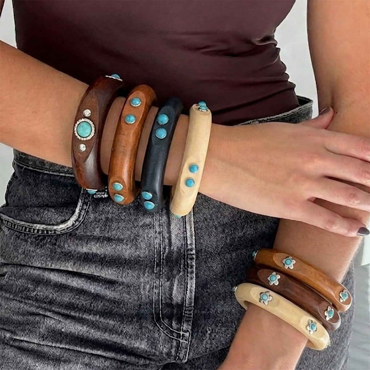 Boho Wood Turquoise Inlay Bangle