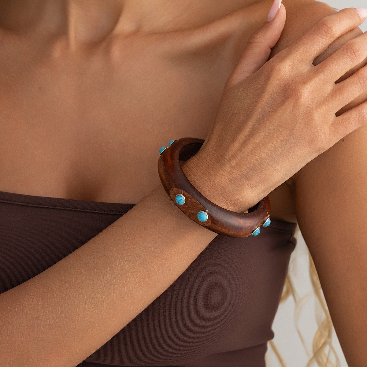 Boho Wood Turquoise Inlay Bangle
