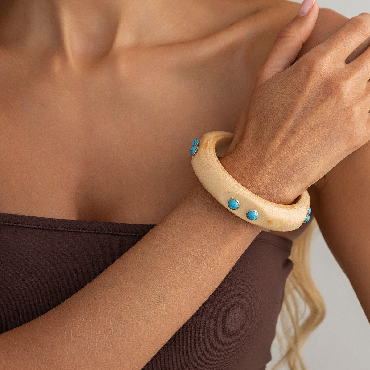 Boho Wood Turquoise Inlay Bangle