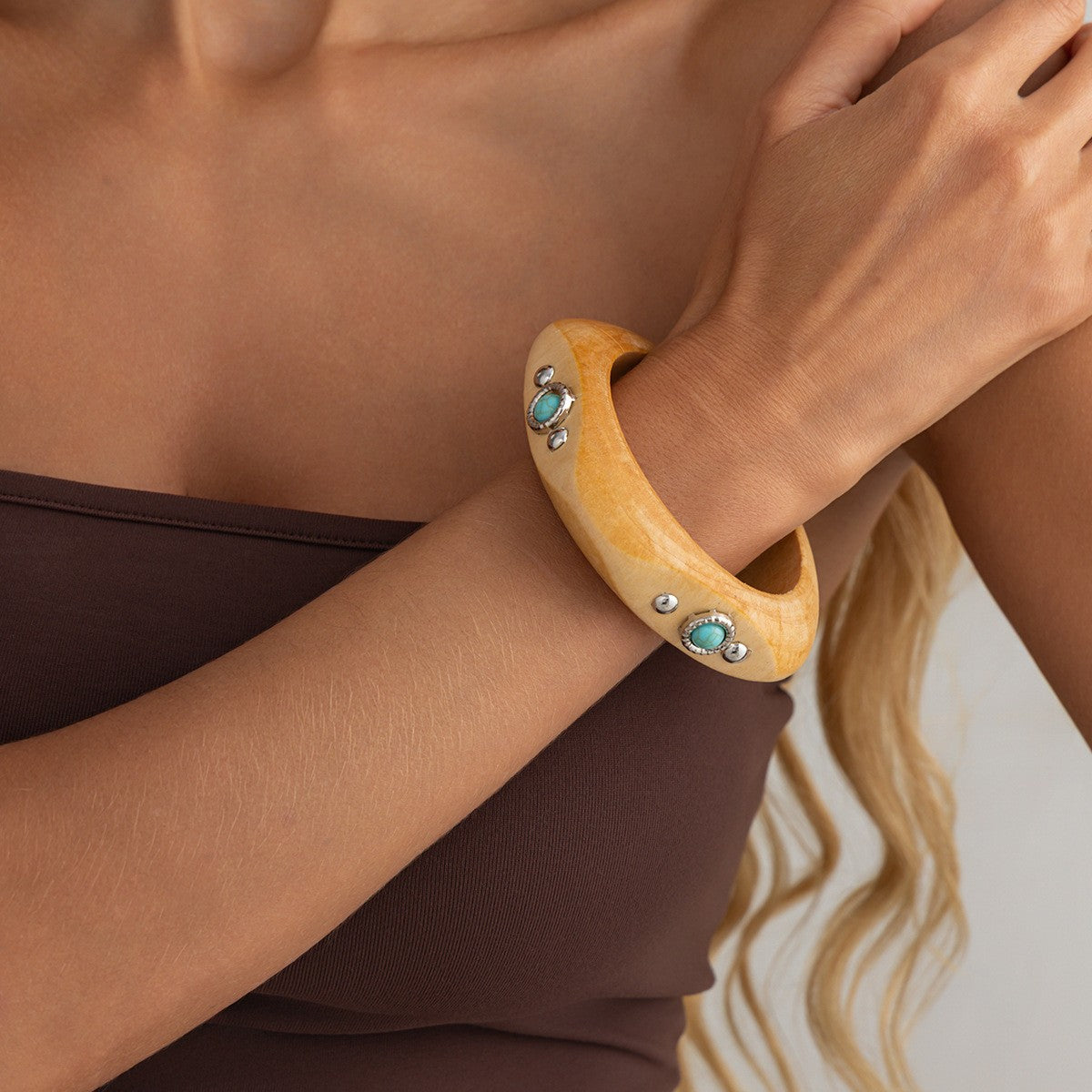 Boho Wood Turquoise Inlay Bangle