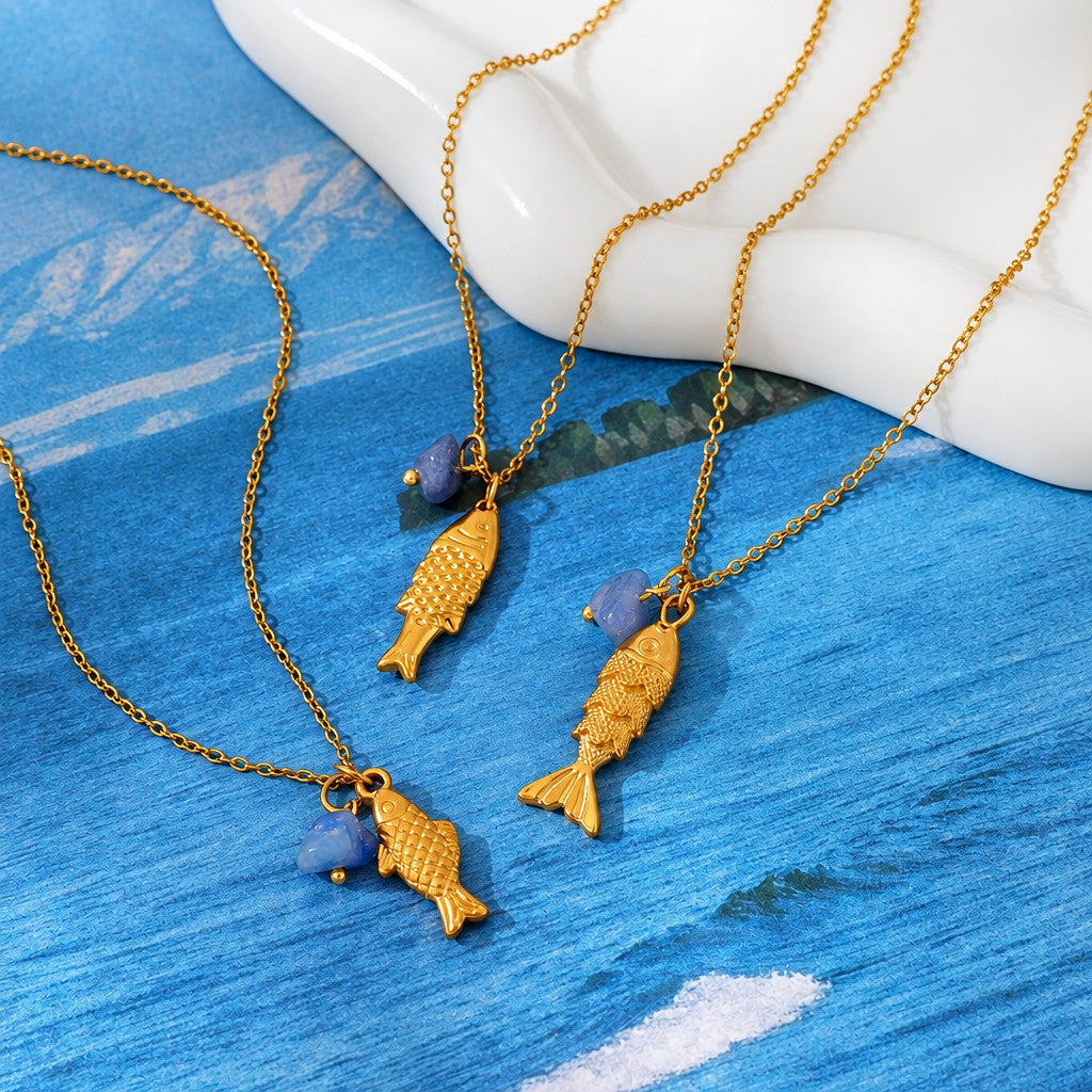 Dainty Layered Fish & Stone Necklace