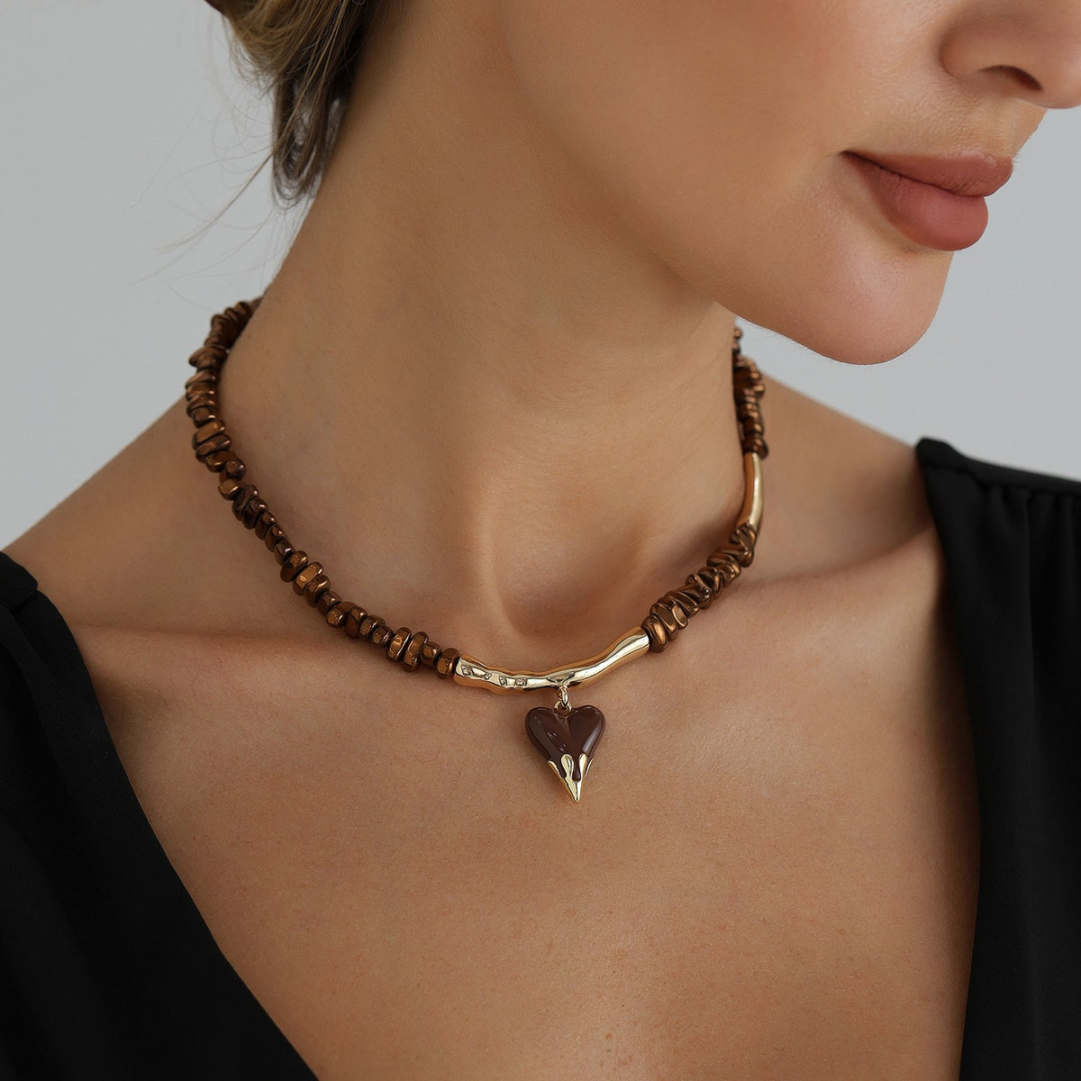 Boho Hematite Beaded Heart Necklace