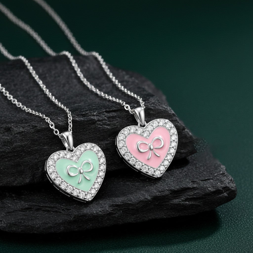 Romantic Enamel Heart Bow Necklace