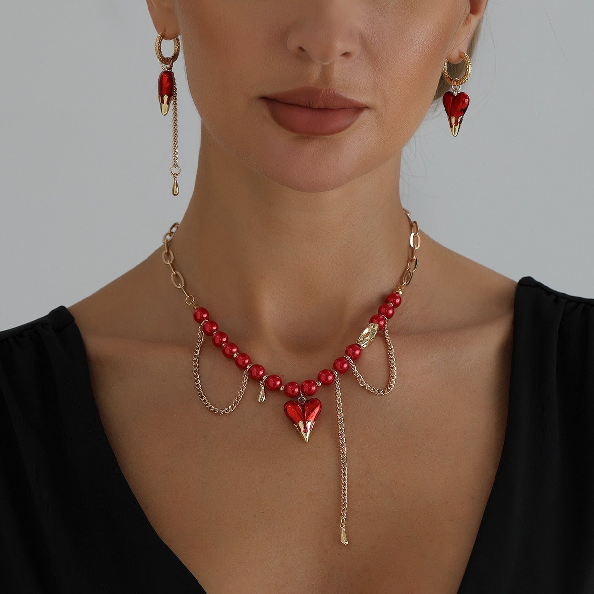 Romantic Red Beaded Heart Necklace & Earring Set