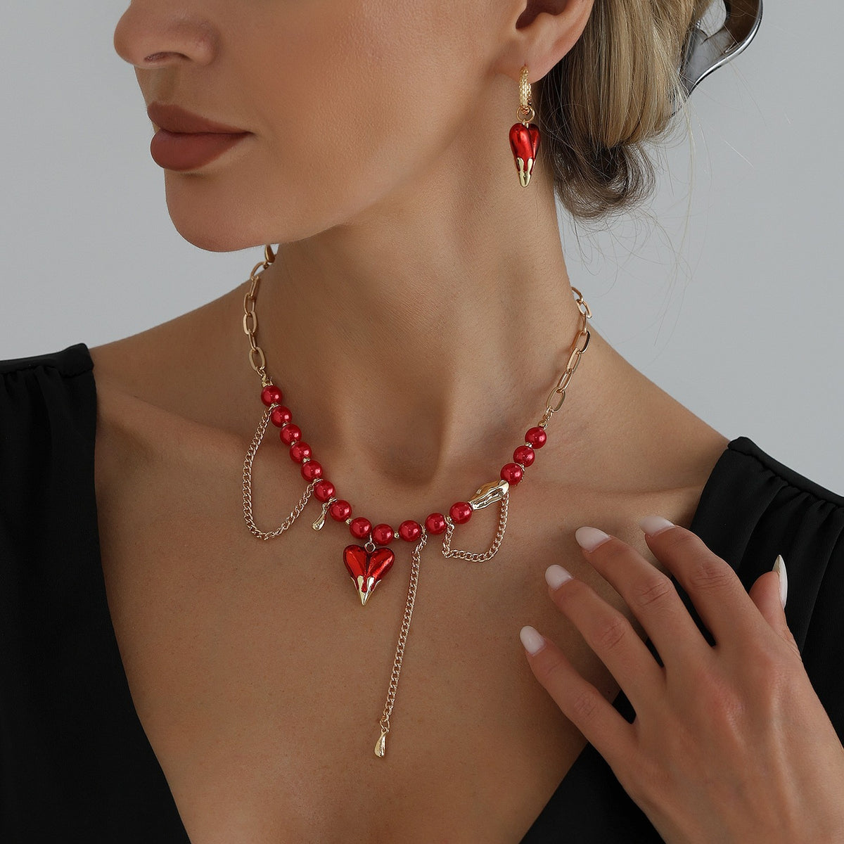Romantic Red Beaded Heart Necklace & Earring Set