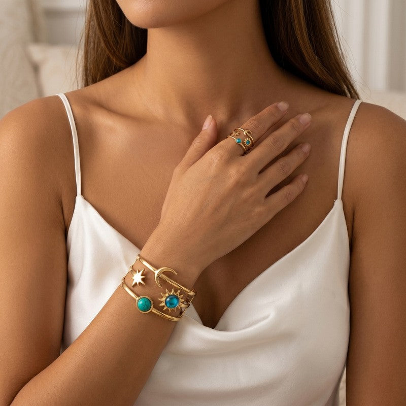 Boho Celestial Sun Moon Cuff & Ring Set