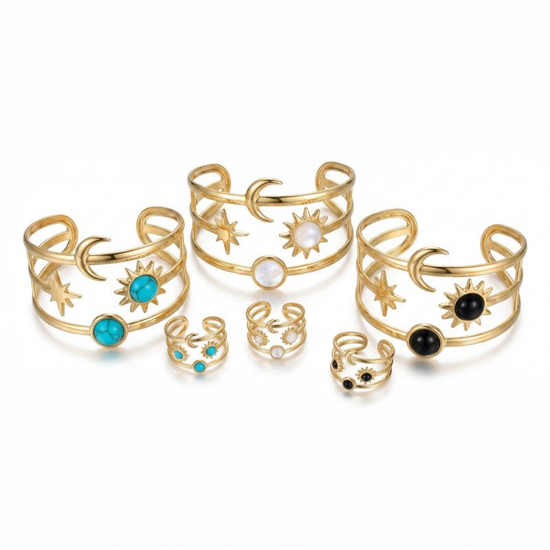 Boho Celestial Sun Moon Cuff & Ring Set