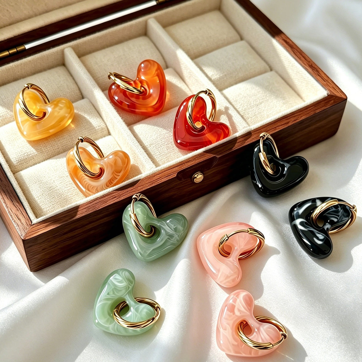 18k Vintage Marbled Resin Heart Huggie Earrings