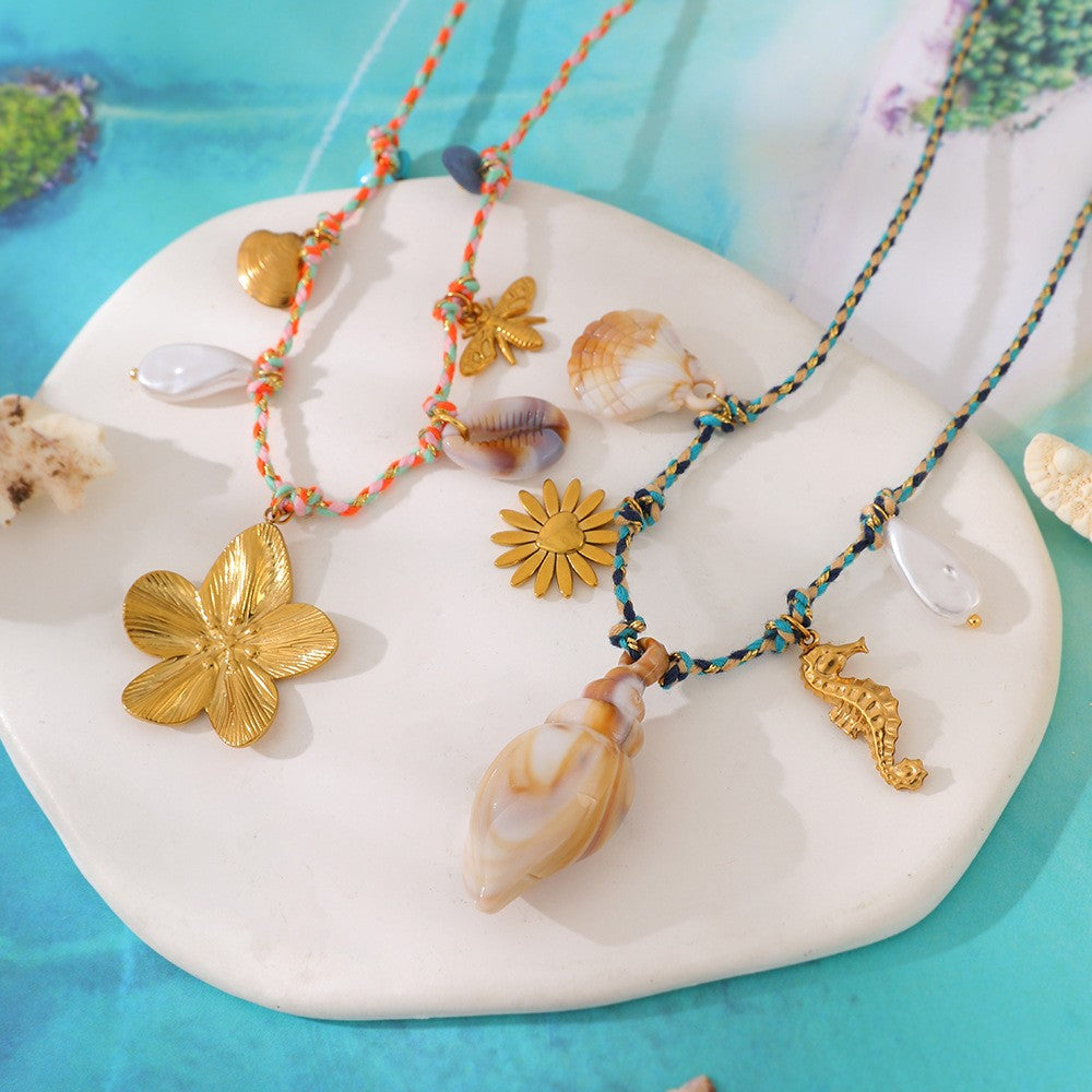 Boho Woven Shell & Seahorse Charm Necklace