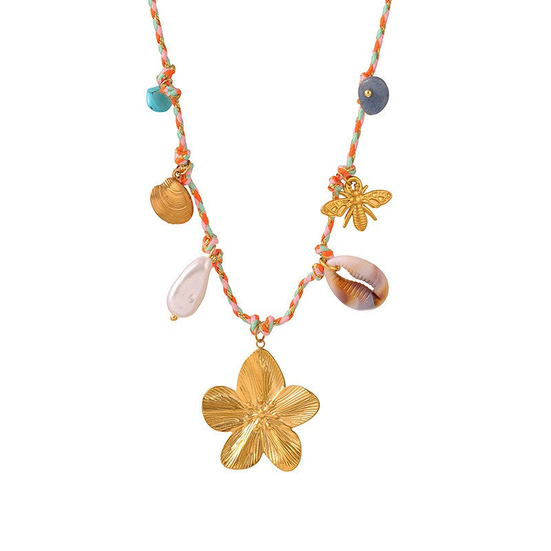 Boho Woven Shell & Seahorse Charm Necklace