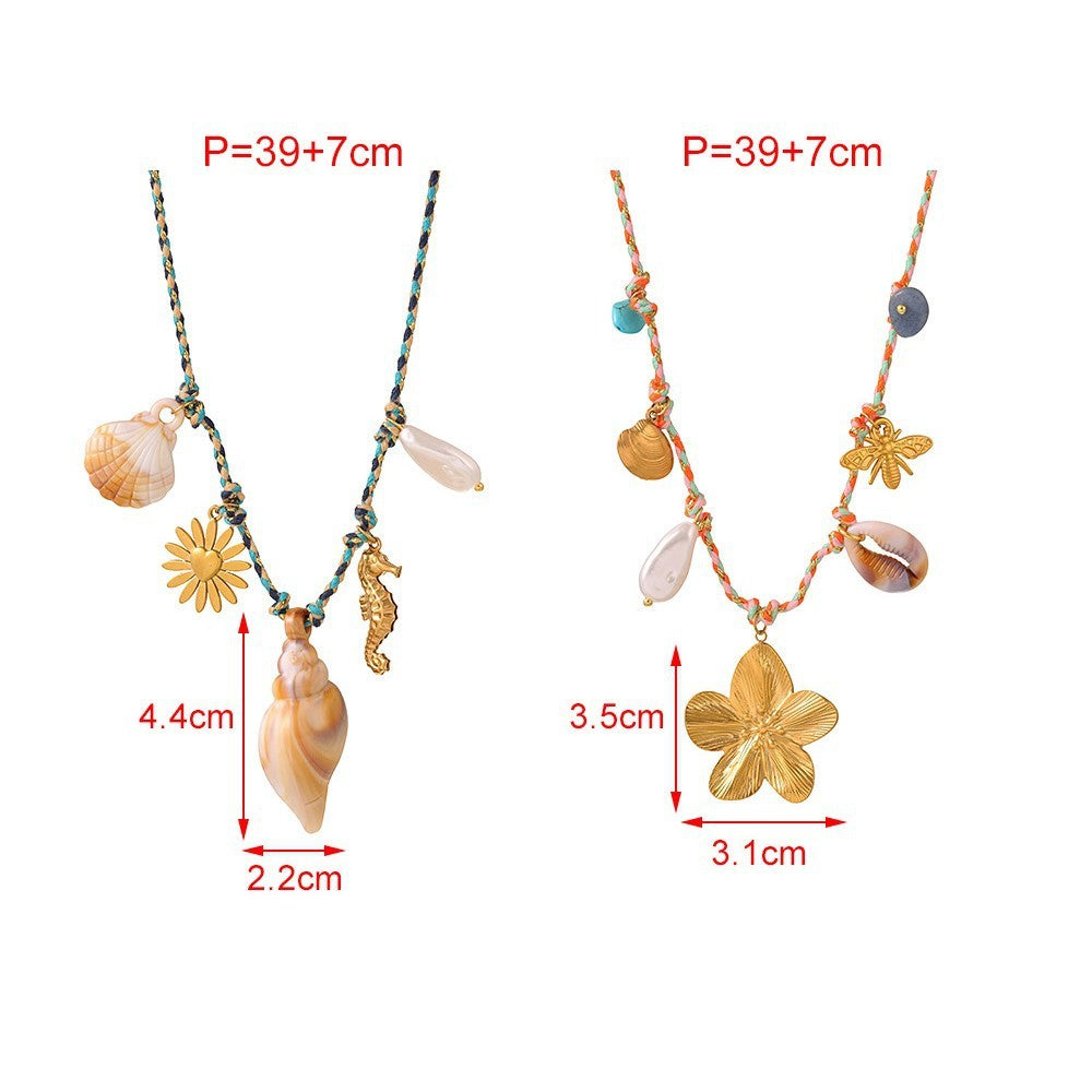 Boho Woven Shell & Seahorse Charm Necklace