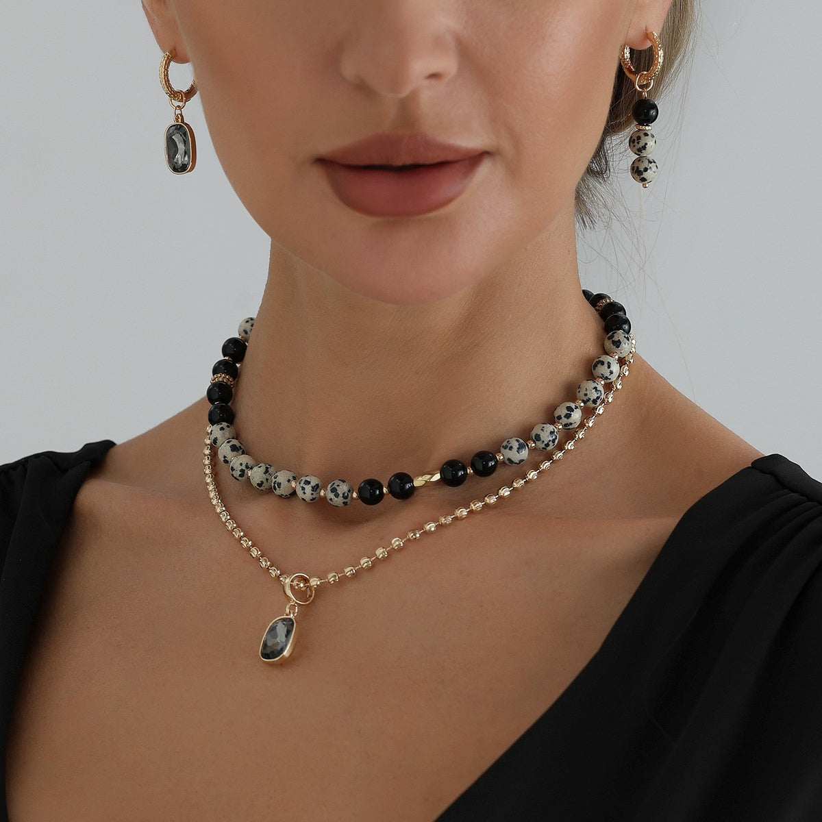 Boho Dalmatian Stone Layered Necklace & Earring Set