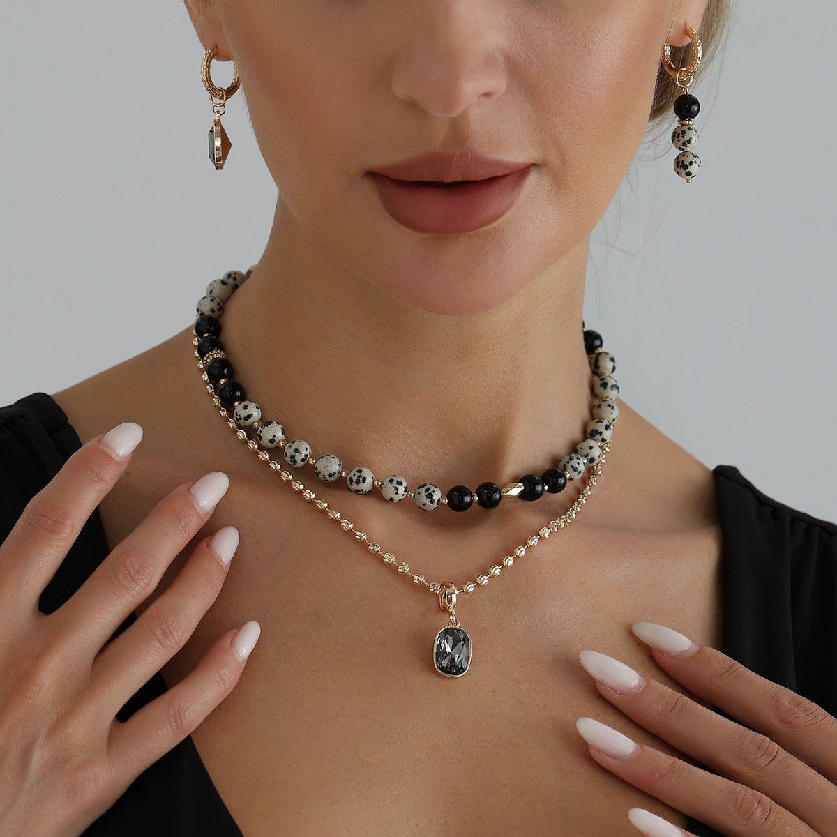Boho Dalmatian Stone Layered Necklace & Earring Set