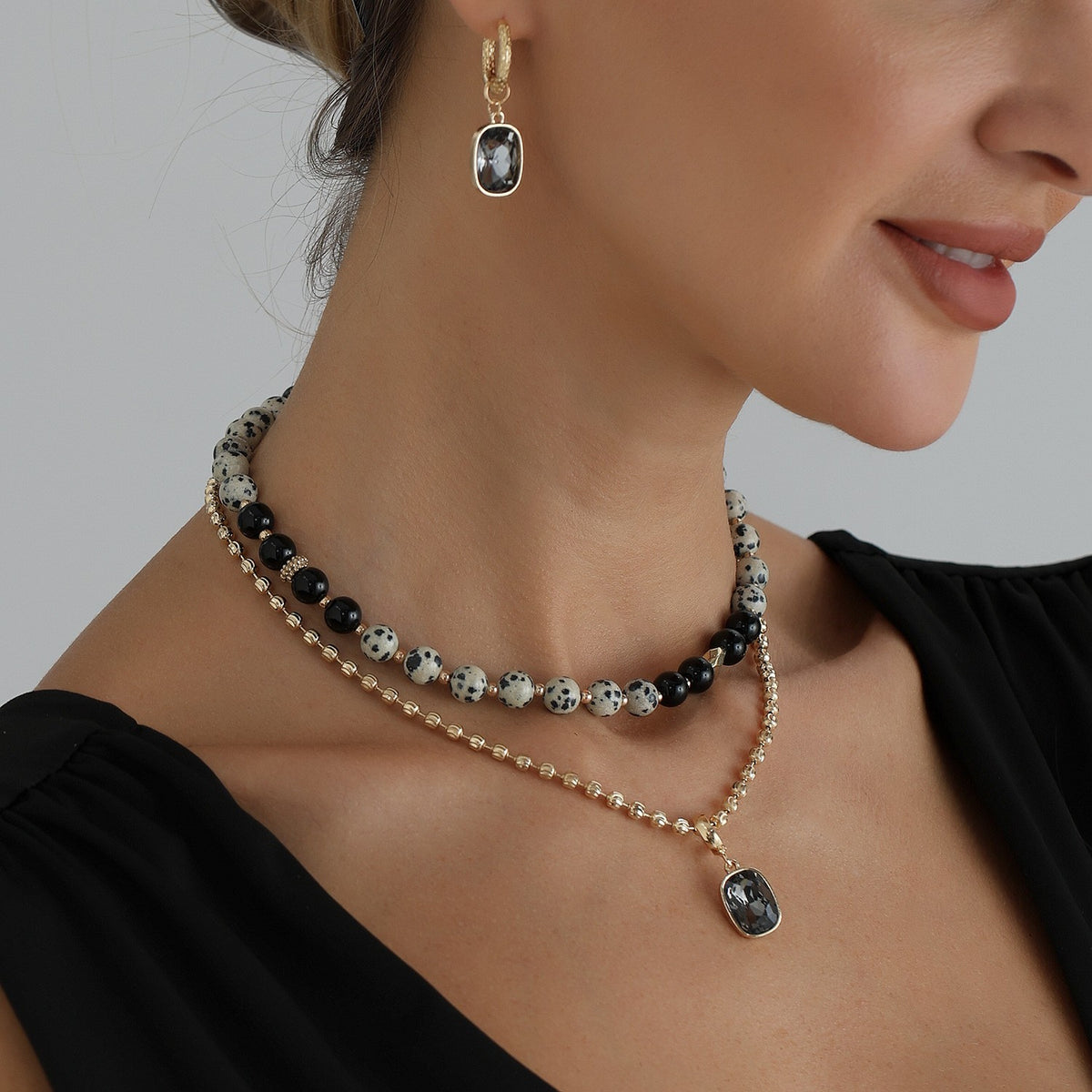 Boho Dalmatian Stone Layered Necklace & Earring Set
