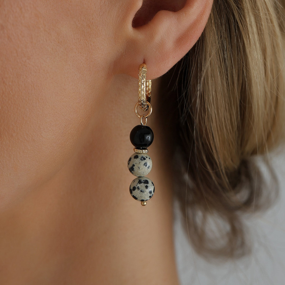 Boho Dalmatian Stone Layered Necklace & Earring Set