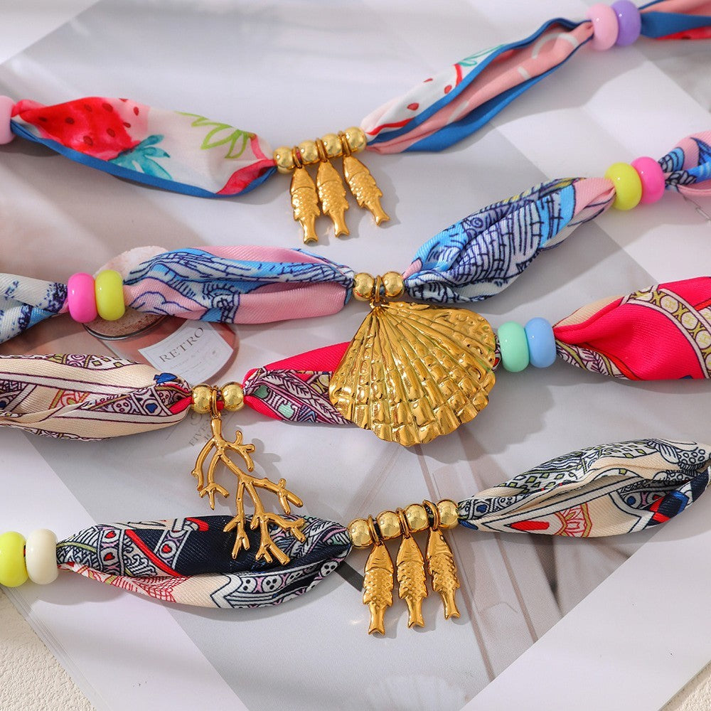Boho Tropical Print Scarf Shell Necklace