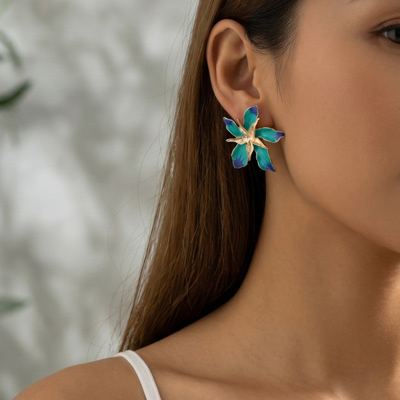 Classy Blue Enamel Flower Stud Earrings