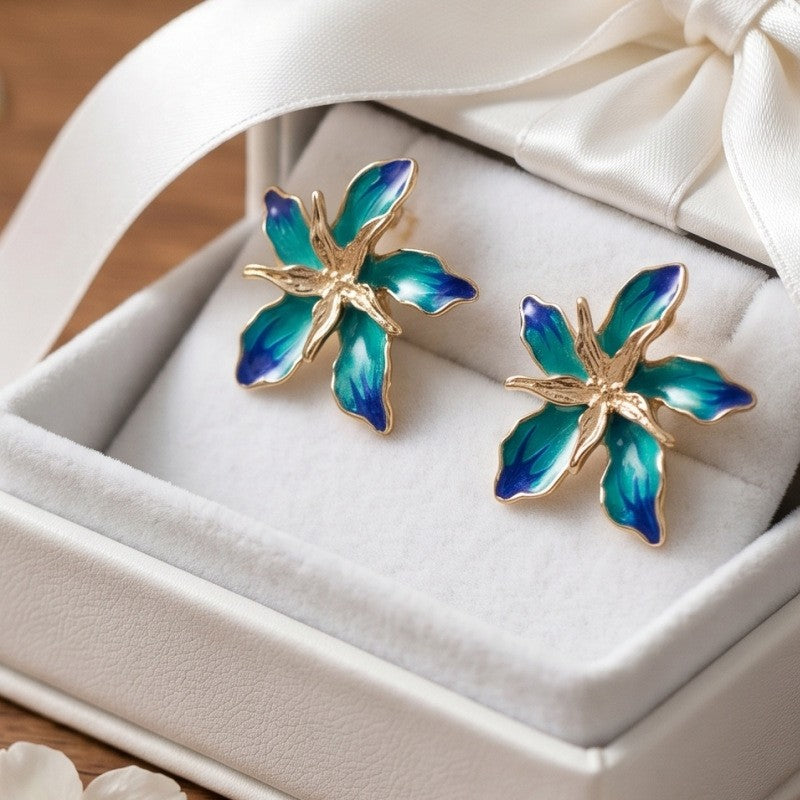 Classy Blue Enamel Flower Stud Earrings