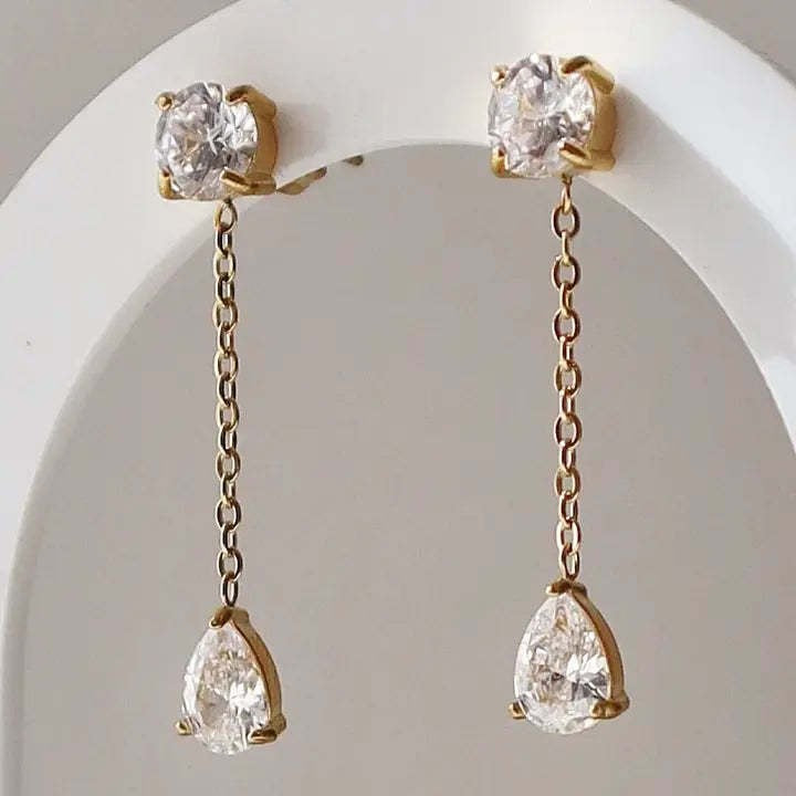 18k Dainty Teardrop Zircon Tassel Earrings