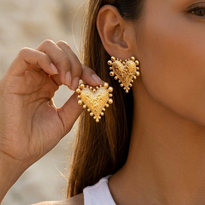 Classy Textured Beaded Heart Stud Earrings