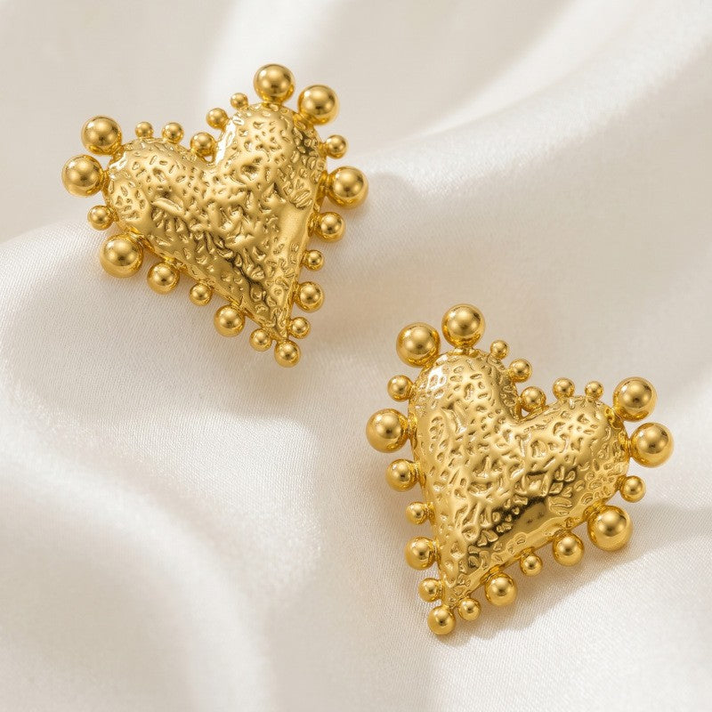 Classy Textured Beaded Heart Stud Earrings
