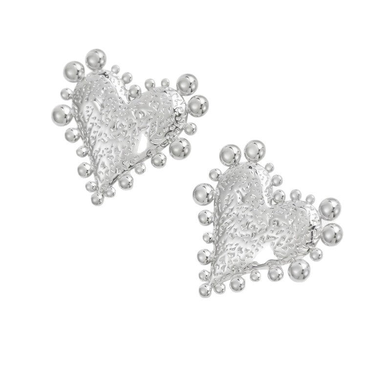 Classy Textured Beaded Heart Stud Earrings