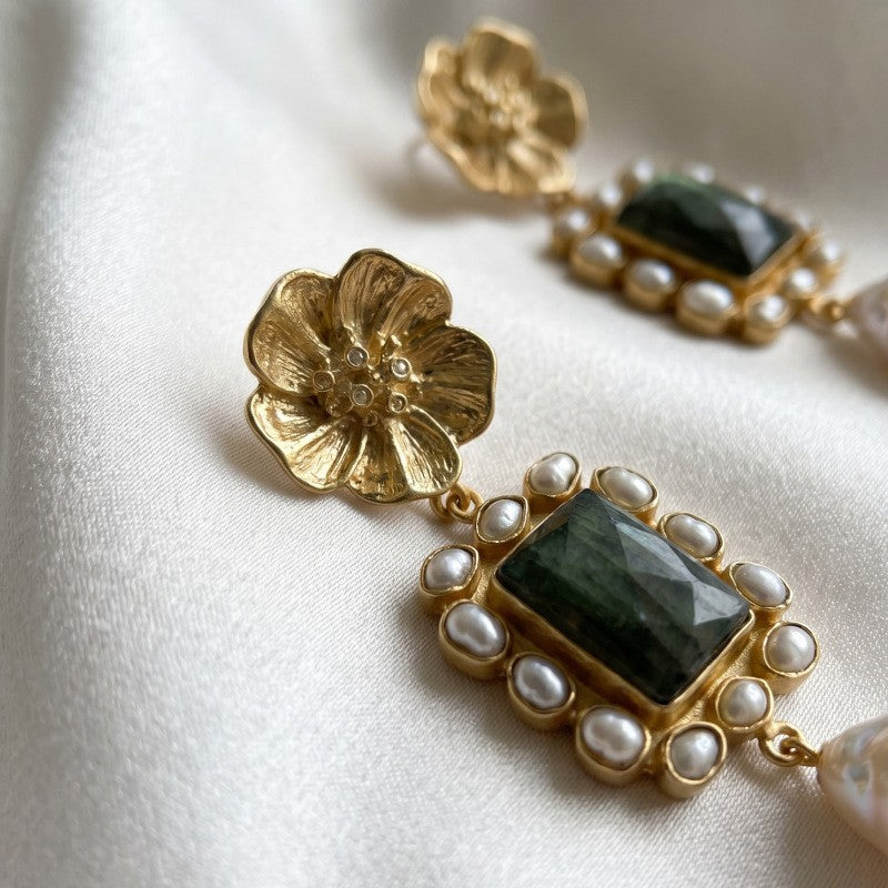 Classy Floral Green Stone Baroque Pearl Earrings