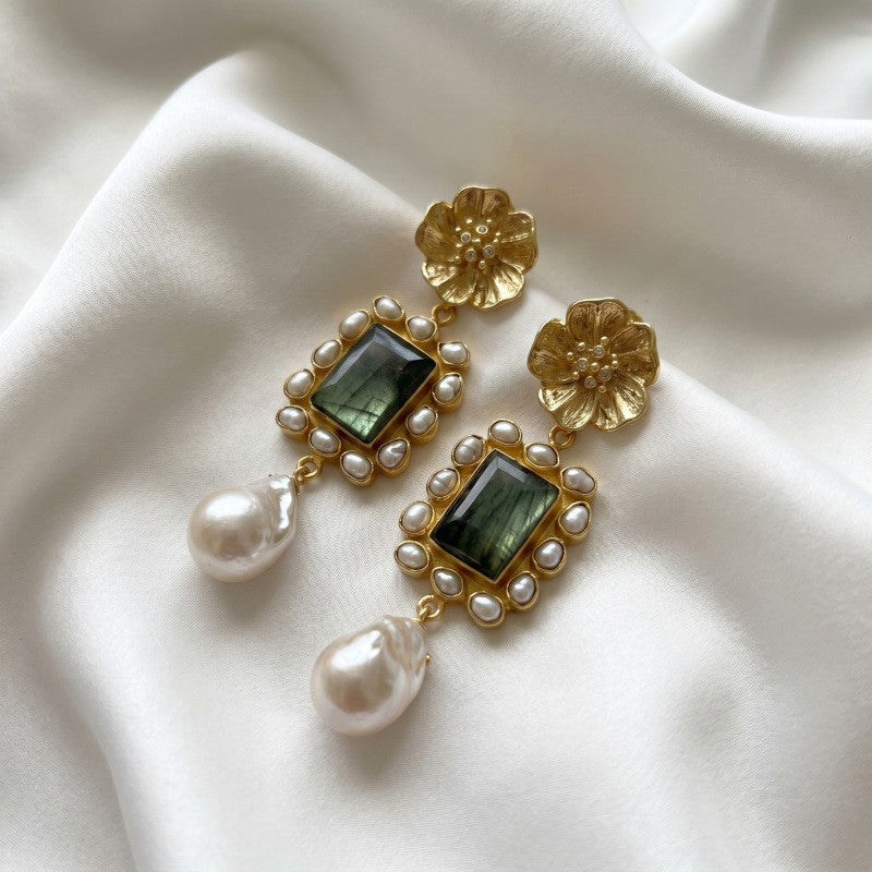 Classy Floral Green Stone Baroque Pearl Earrings