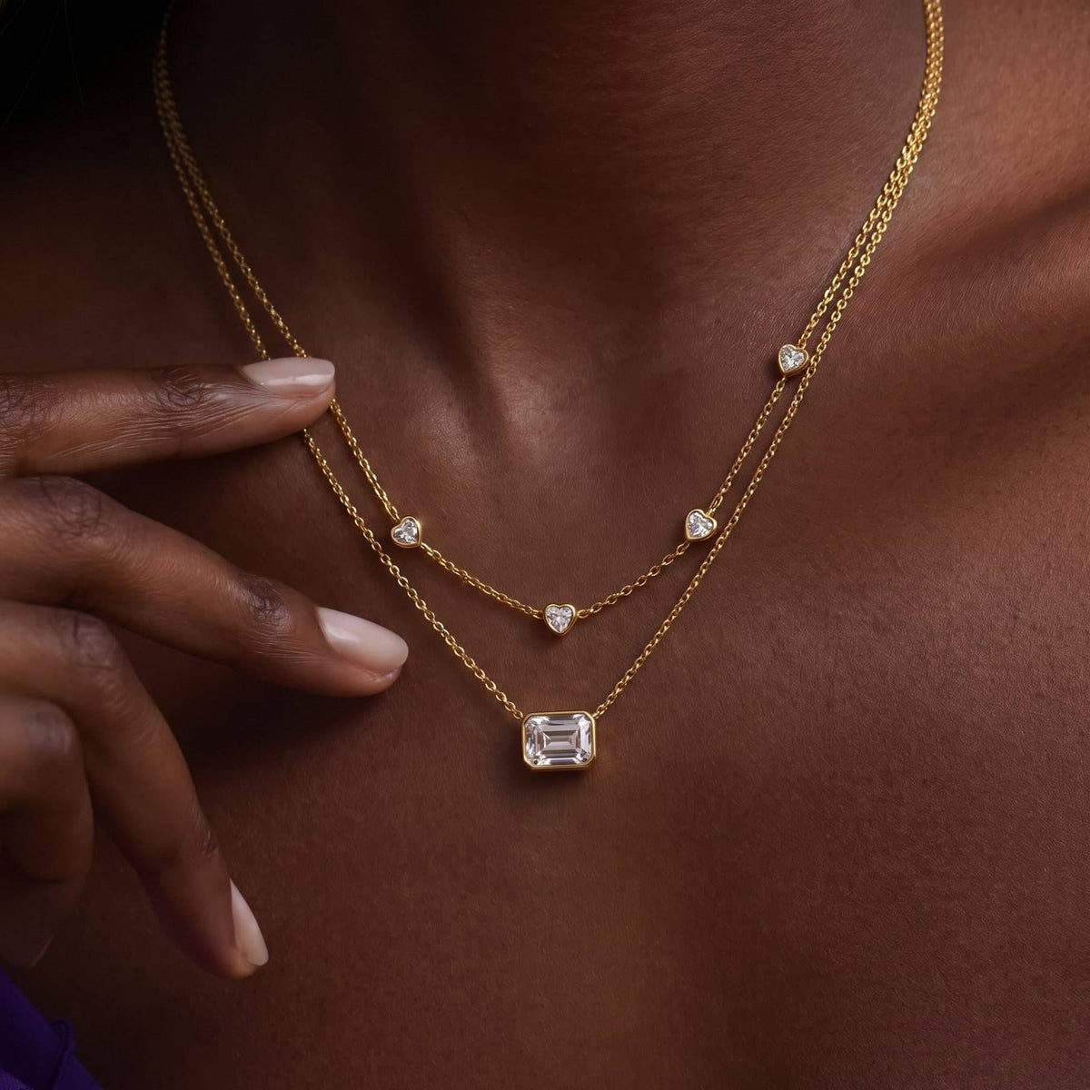 Dainty Baguette & Heart Layered Necklace