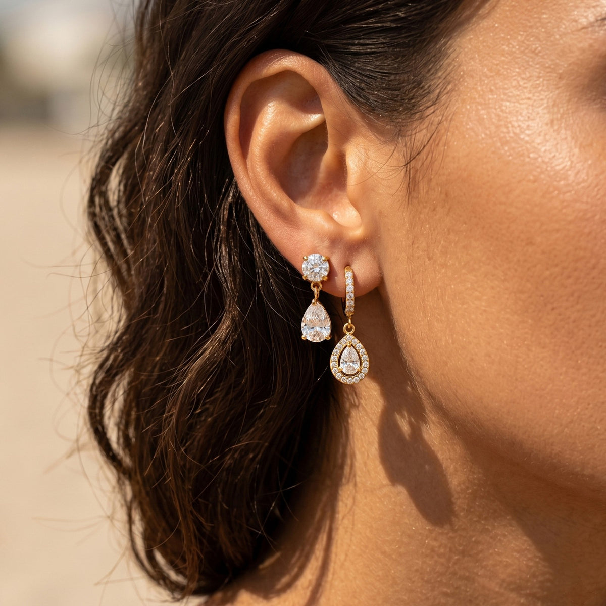 18k Dainty Asymmetrical Teardrop Earrings