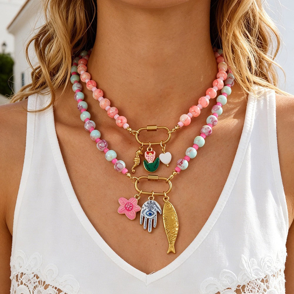 Boho Beaded Evil Eye & Fish Charm Necklace