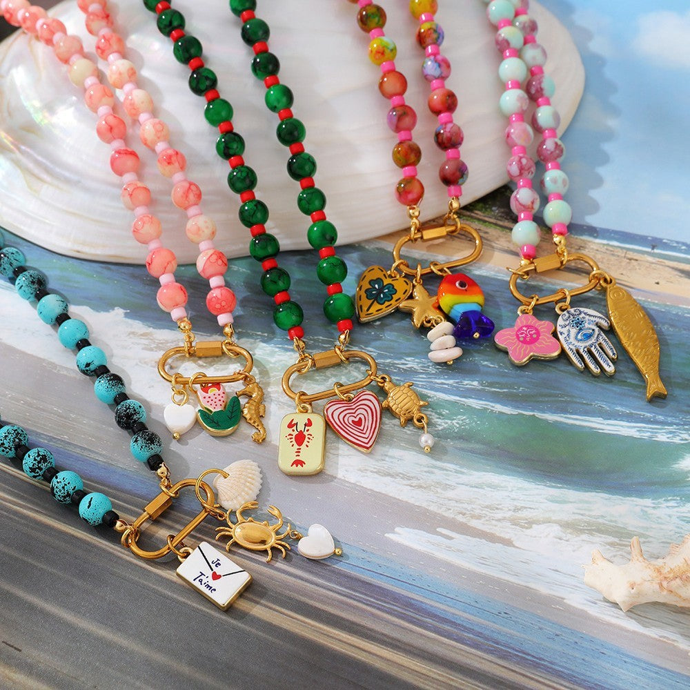 Boho Beaded Evil Eye & Fish Charm Necklace