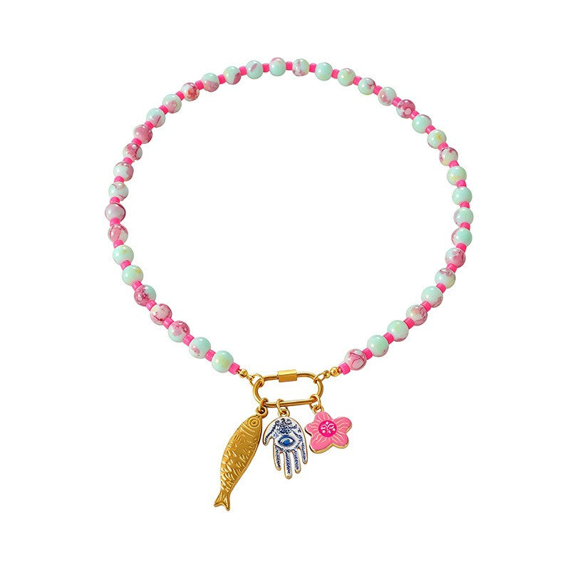 Boho Beaded Evil Eye & Fish Charm Necklace