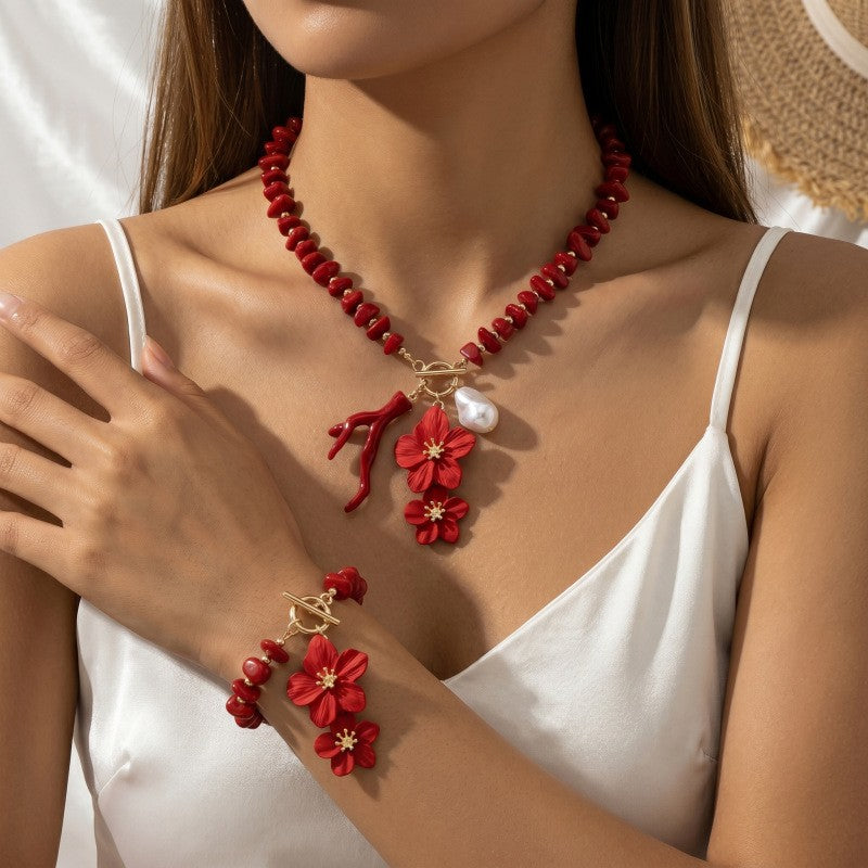 Romantic Red Floral Faux Pearl OT Necklace & Bracelet Set