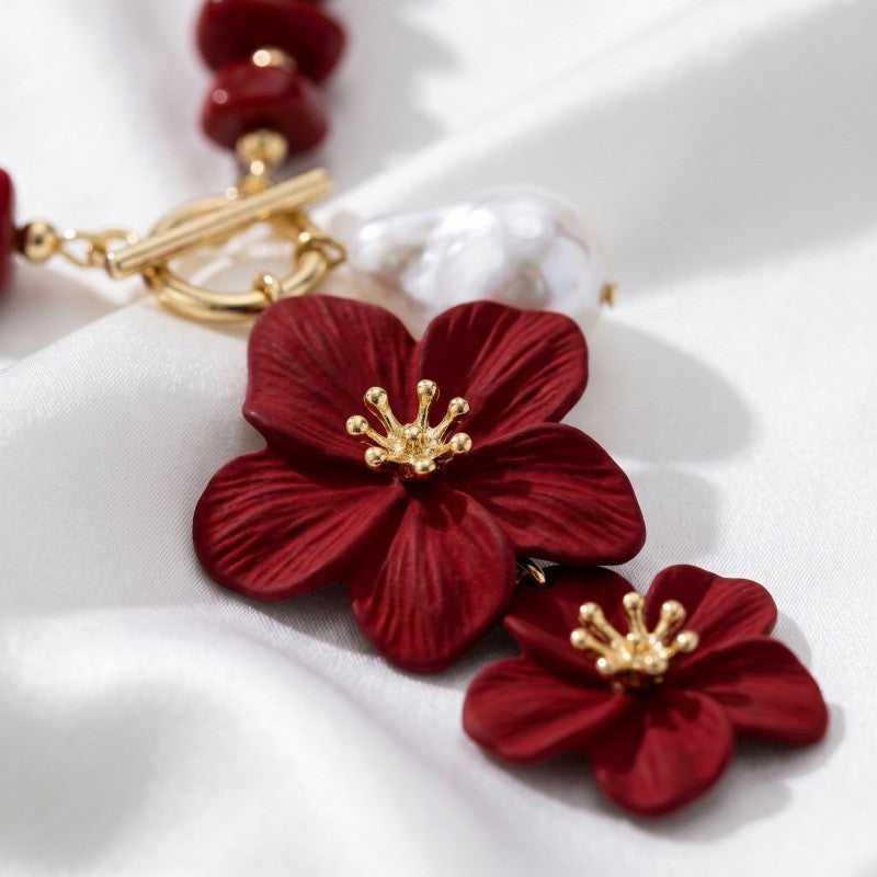 Romantic Red Floral Faux Pearl OT Necklace & Bracelet Set