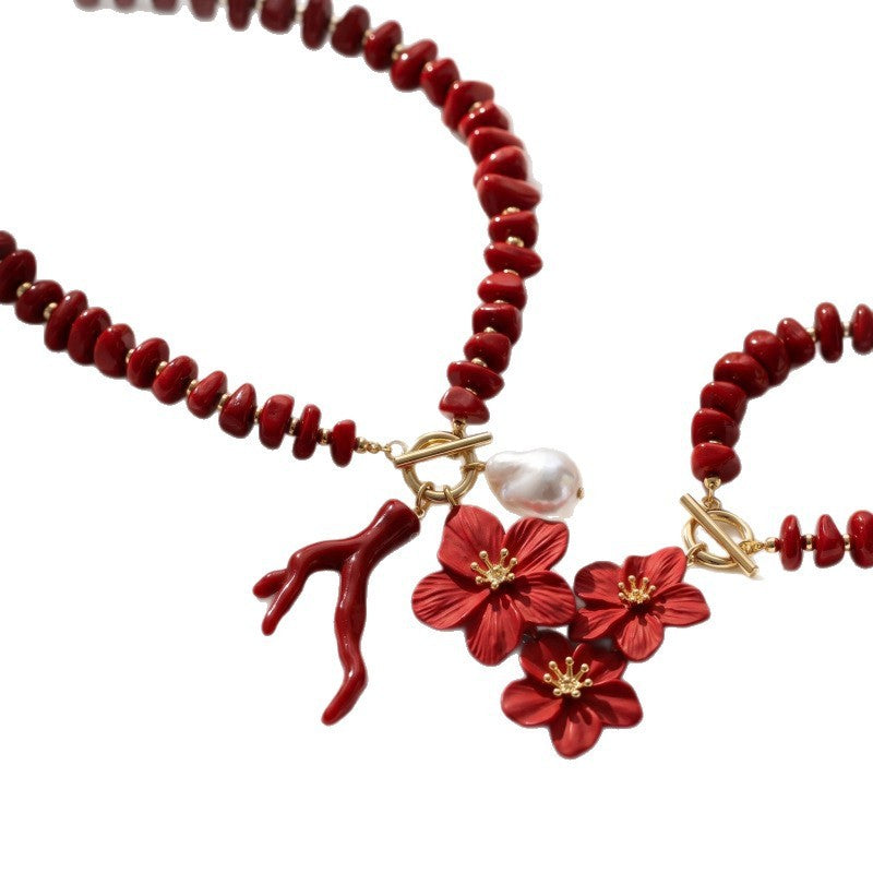 Romantic Red Floral Faux Pearl OT Necklace & Bracelet Set