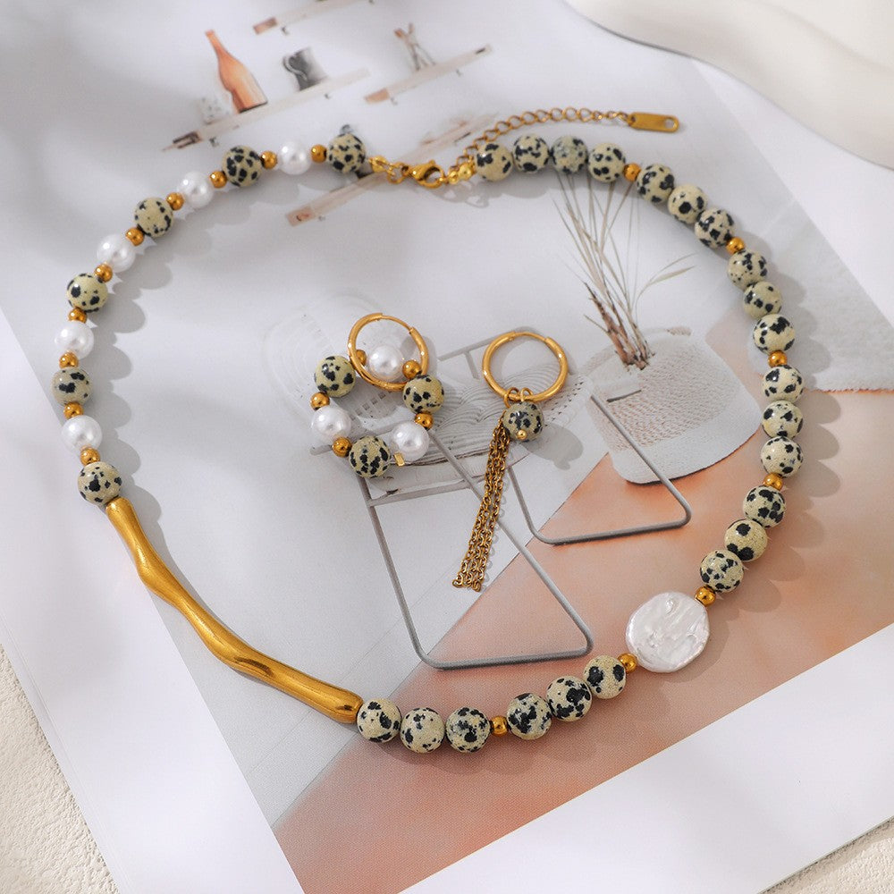 Boho Dalmatian Stone & Pearl Necklace and Hoop Earring Set