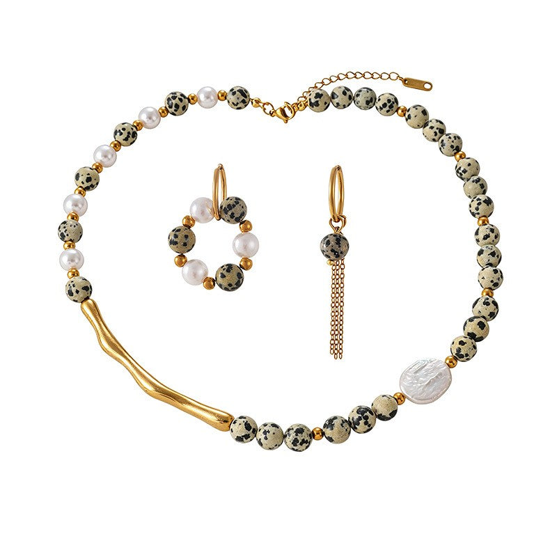 Boho Dalmatian Stone & Pearl Necklace and Hoop Earring Set