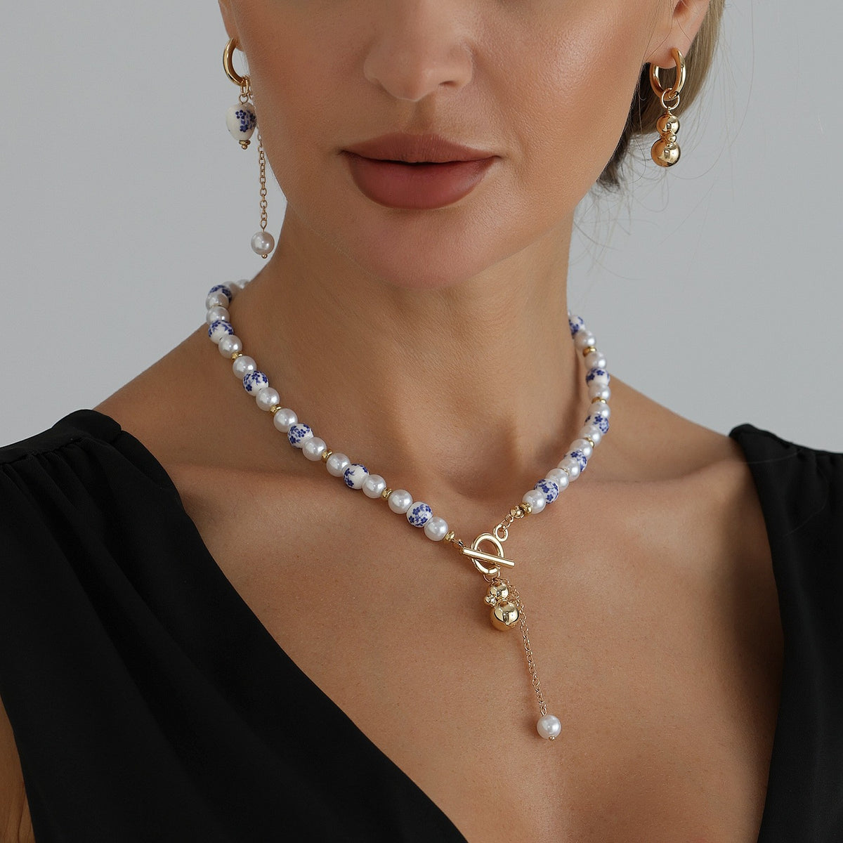 Classy Blue Porcelain Gourd Necklace & Earring Set