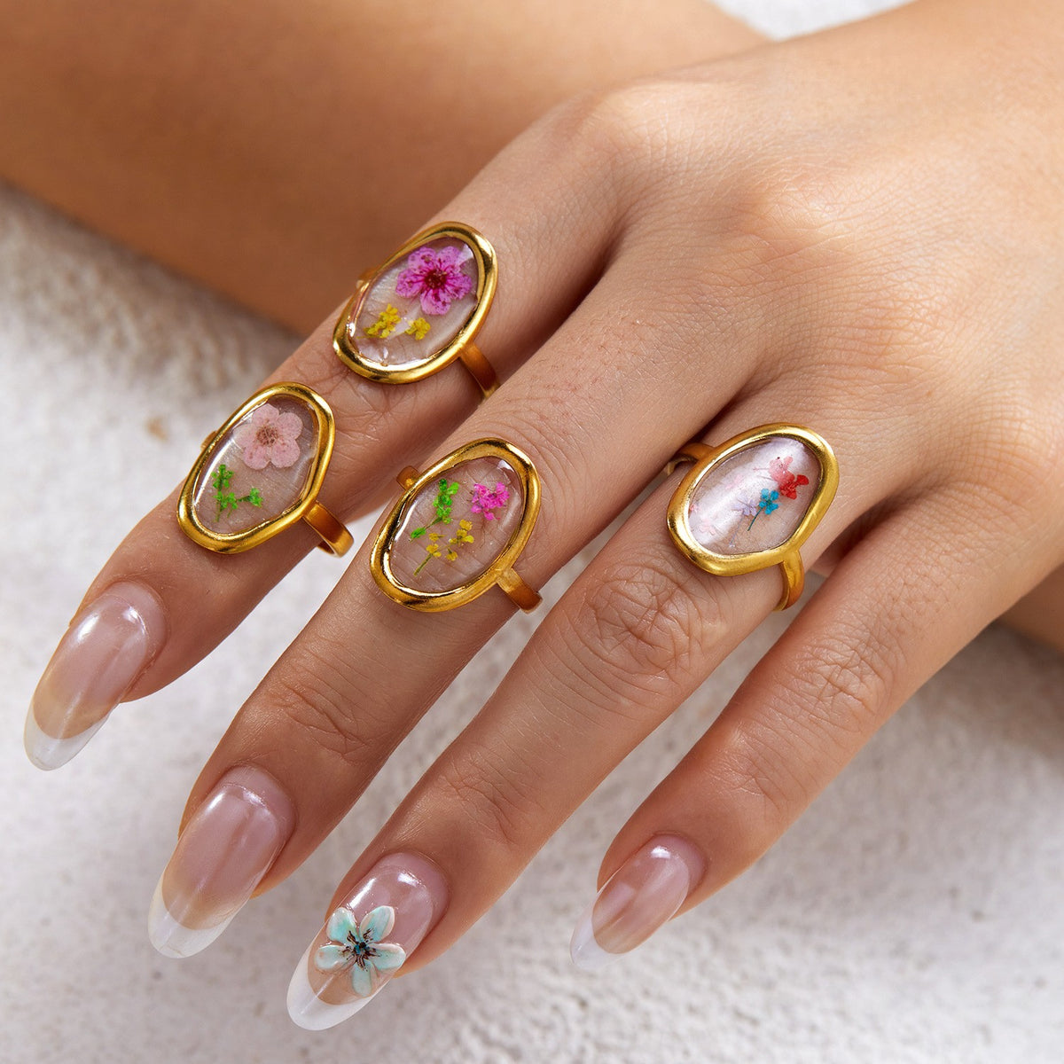 18k Dainty Pressed Floral Resin Open Ring