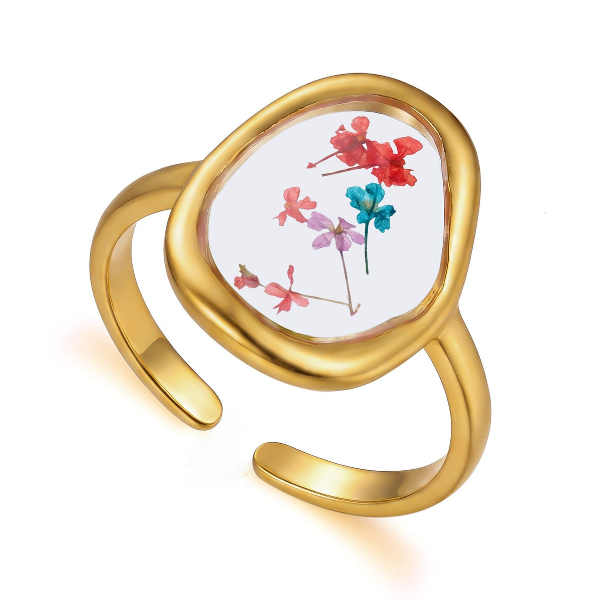 18k Dainty Pressed Floral Resin Open Ring