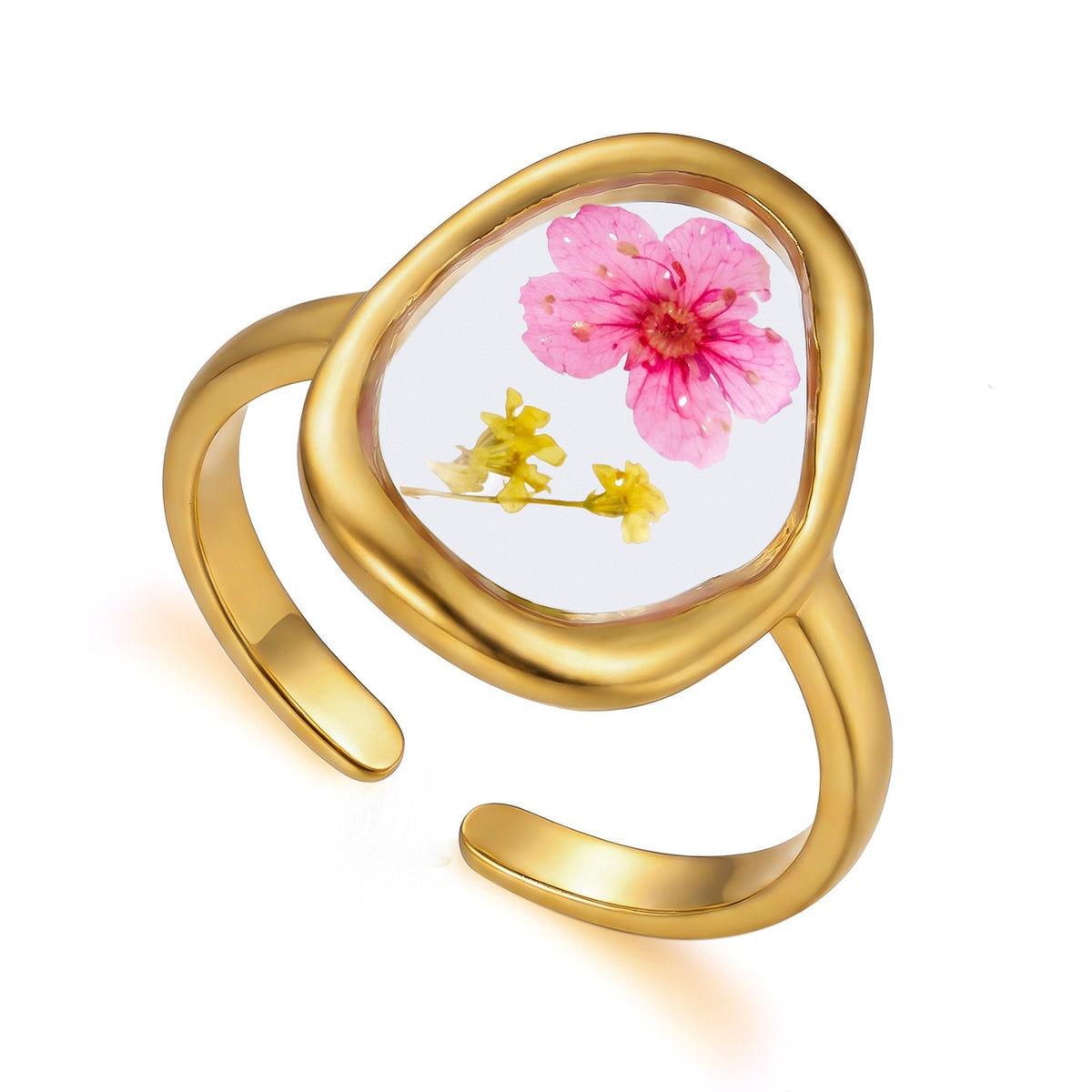 18k Dainty Pressed Floral Resin Open Ring