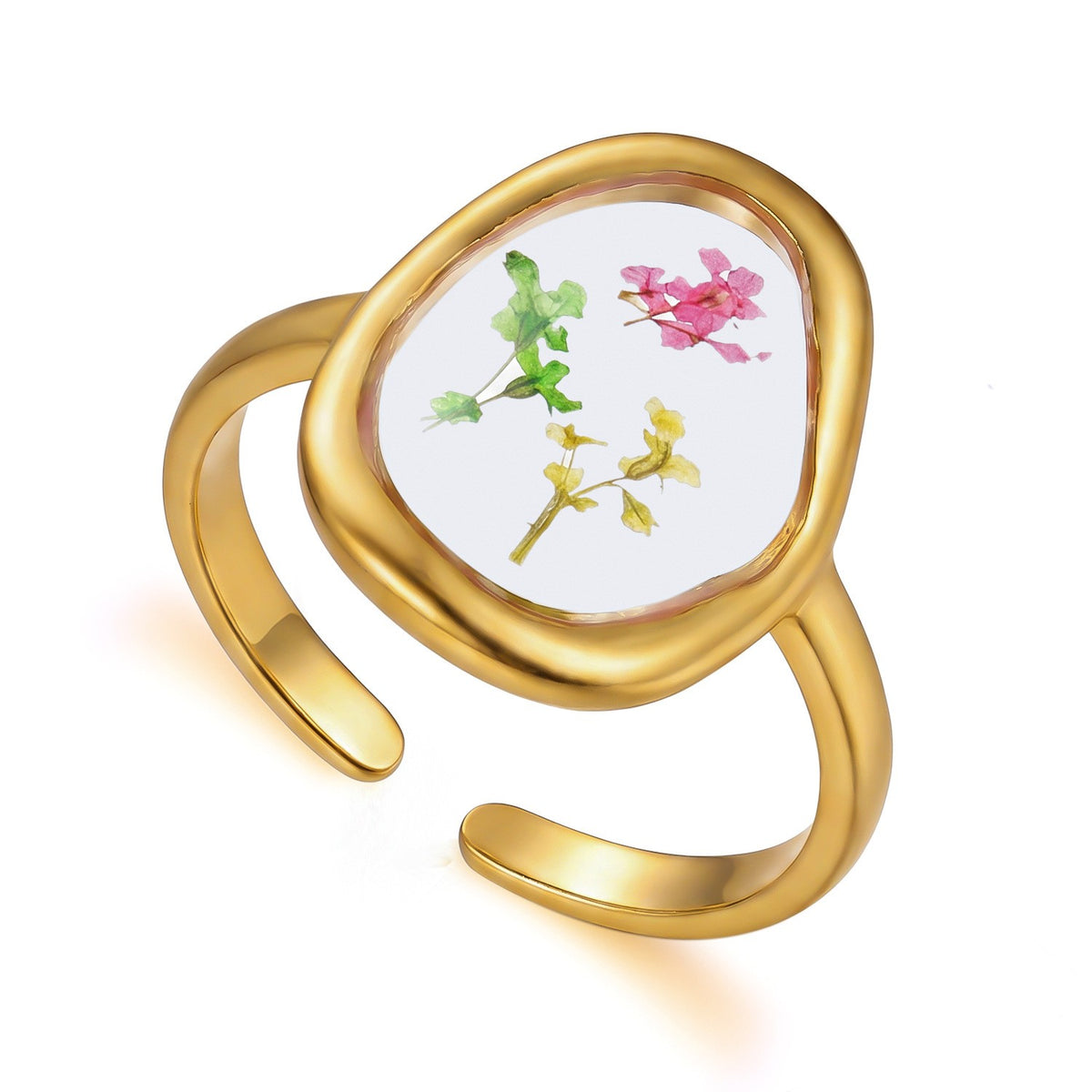 18k Dainty Pressed Floral Resin Open Ring